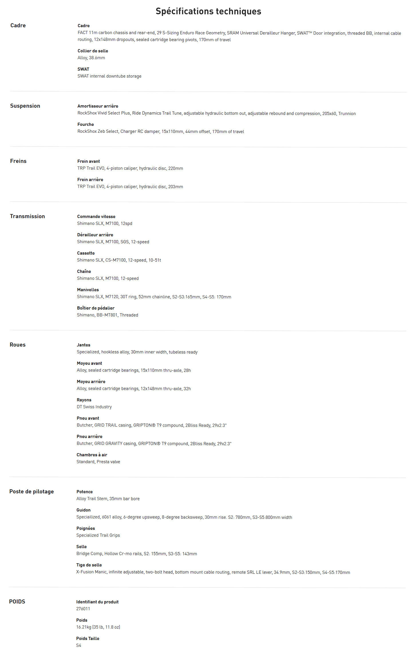 Caracteristique Technique du vélo Enduro Comp Année 2025